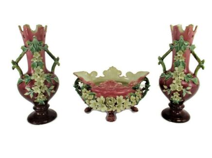 Set of 3 French Barbotine Majolica Vases Planters Centerpiece Pitchers Art Nouveau  large