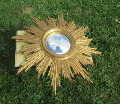 Stunning Sunburst Wall Hanging Convex Mirror Mid Century Dome Mirror Gold Wood