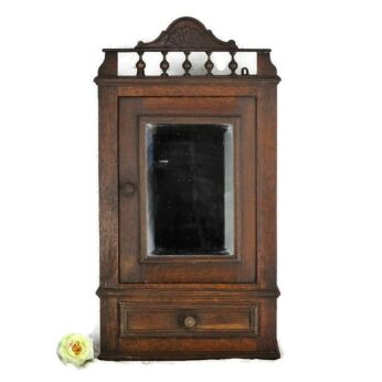 Hand Carved Oak Medicine Wall Cabinet Apothecary Spindles Beveled Glass Mirror