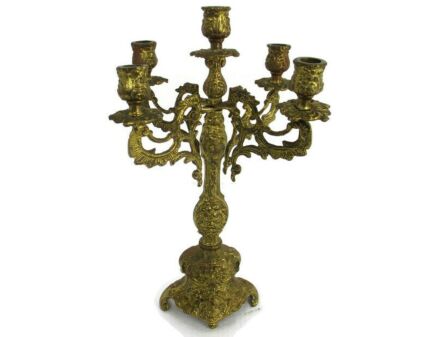 Brass Ornate Embossed Candle Holder Stick Candelabra 5 arm Gorgeous Vintage