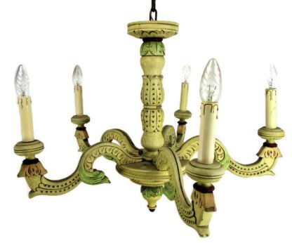 Vintage French Provincial Crackled Wooden 5 arm Chandelier Florentine HTF