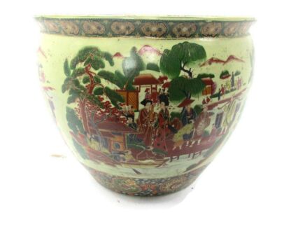 XL Vintage Chinese Porcelain Enamel  Koi Fish Bowl Planter Vase  Cachepot Landscape Gorgeous