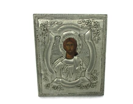 Vintage Traveling Icon Metal Paper Painted on Wood Our Lord Jesus Christ handmade in Spain Spanish