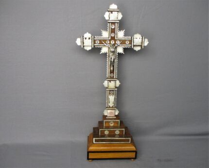 Vintage Standing Crucifix with relics from the cross Mother of Pearl Wood WOW