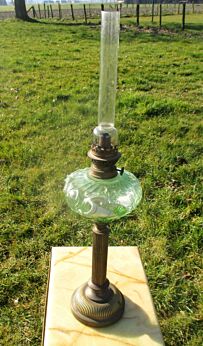 Antique Oil Lamp Kerosine Green Glass Vaseline Bubbled glass Brass