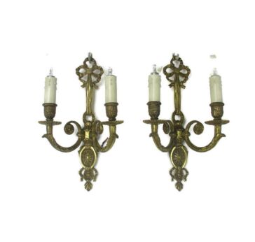 Pair Couple Vintage Ornate Brass Two-Arm Double Wall Sconces Bows Lovely