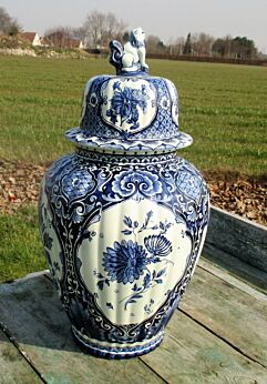 Vintage Petrus Regout Maastricht Delft Vase Urn Marked Blue White Foo Dog