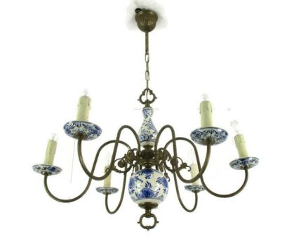 Dutch Delft Blue White Porcelain Ornate Brass Chandelier 6 Lights Arm Farmhouse
