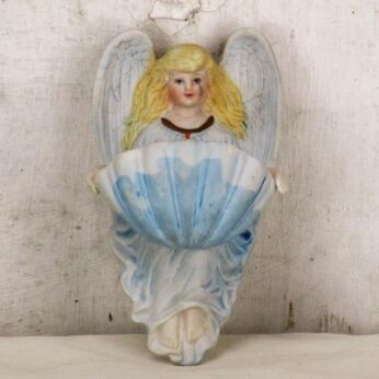 Vintage French Holy Water Font Vessel Bisque Porcelain Angel Collector HTF 6.2"