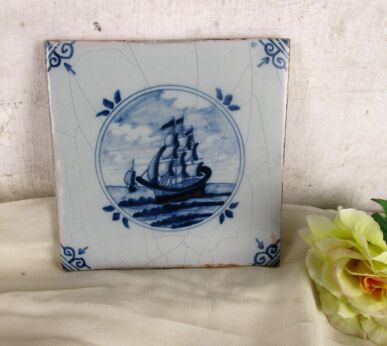 Antique 18th C-19thC Nautical Delft Tile Blue White Marked Dutch Sailing Boat