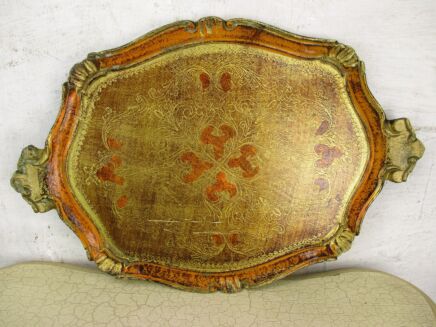 Mid Century Hollywood Regency Florentine Serving Tray Wood Orange Gold Italy