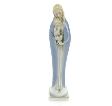 Porcelain Statue Virgin Mary Madonna Our Lady Infant Child Blue Glazed 9.25"