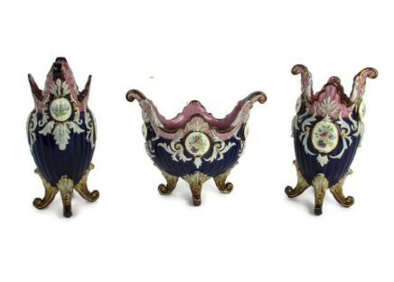 Set of 3 French Barbotine Majolica Vases Planters Centerpiece Medallions