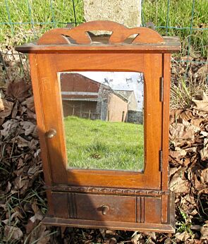 Vintage Wooden Medicine Wall Cabinet Glass mirror Drawer Pediment