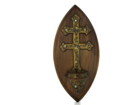 Large Holy Water Font Vessel Vintage Wood Handpainted Flowers Wall Hanging Folk Art