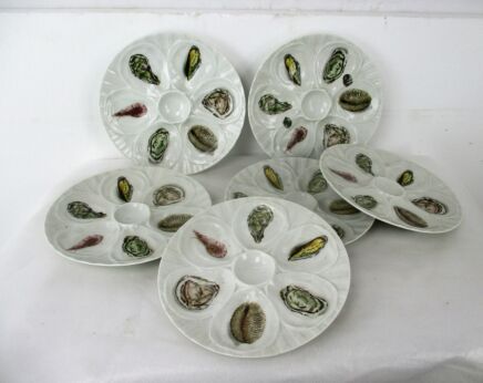 L'Hirondelle Mehun sur Yevres Set of 6 French Oyster Plates Porcelain Faience