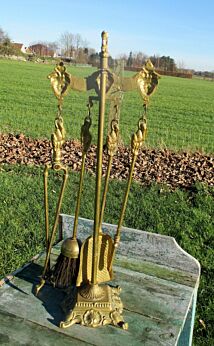 Superb Brass Fireplace Set Tools Vintage 4 Pieces Ornate Stork Putti Lovely