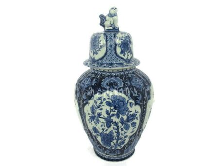 Royal Sphinx Maastricht Delft Vase Urn Marked Blue White Foo Dog 15.35"