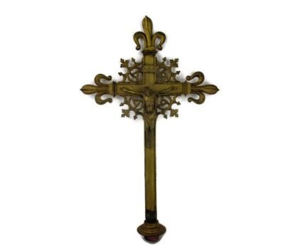 Processional cross Crucifix Religious Catholic French Fleur de Lis Lys Brass Painted Gold