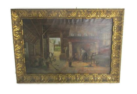Oil Painting on Canvas Gorgeous Wooden Frame Inside Farm cottage  Signed  Stunning