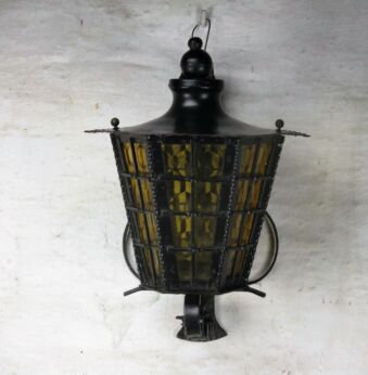 Vintage French Lantern Chandelier Pendant Shade Wrought Iron Amber Glass Porch