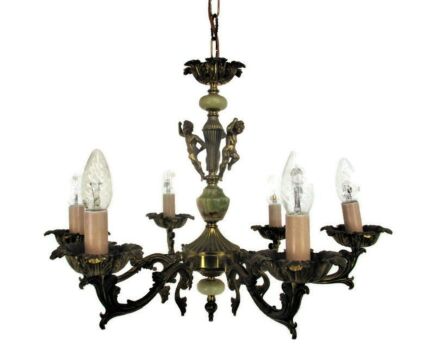 Stunning Chandelier 6 Lights Arms 3 Putti Hollywood Regency Brass Marble