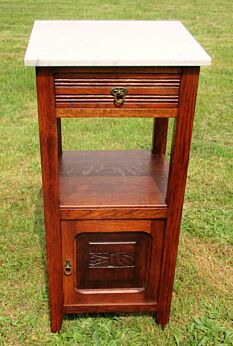 Antique French Art Deco Oak Marble Top Side Cabinet Lamp End Table Nightstand