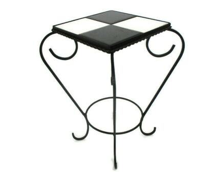 Vintage Small Side Table Plant stand Mosaic tiles Checkered pattern Wrought Iron Funky
