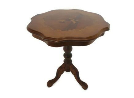 Italian Hand Carved Wood Coffee Wine Side Table Inlay Marquetry Tripod Pedestal Gorgeous