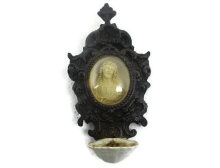 19th C Antique  Hand Made Black Forest Holy Water font WOW Meerschaum Jesus Christ