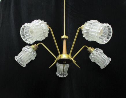 Mid Century Spider Chandelier 5 Lights Arms Wood Brass Frosted Glass Shades