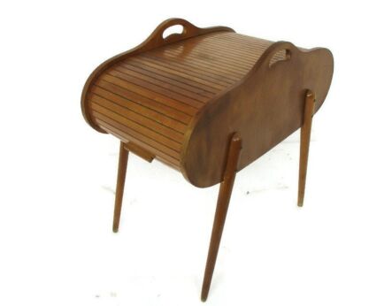 Danish Mid Century Modern Sewing Quilting Box Organizer Tambour Rol Top Sputnik legs Funky Era Eames HTF