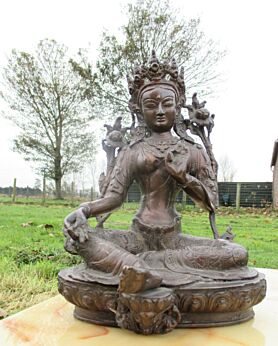 Old Tibet Bronze Buddhist Lotus Green Tara Buddha Kwan-yin Seat Statue Buddha