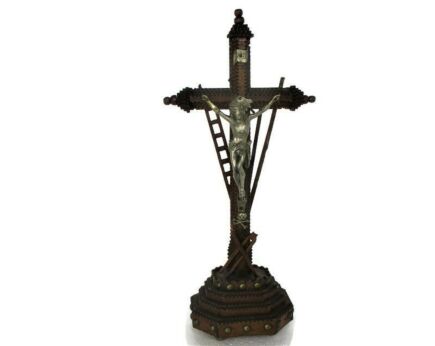Tramp Trench Tramp Folk art Standing Hand Carved Wood Crucifix tools of Passion Spelter Corpus