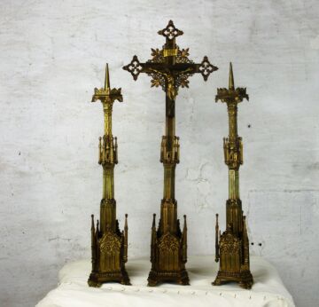 XL Antique Altar Set Crucifix 2 candle Sticks Cross Christ Church Neo Gothic HTF
