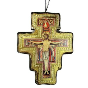 Florentine Wood San Damiano Wall Hanging Crucifix Jesus Christ Gold Gilt 7.87"