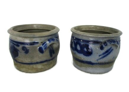 2 Antique French Stoneware Earthenware Crock Jars Lard Cobalt gray Planters Flower Pots Herbs Farmhouse Country Barn Cottage Style