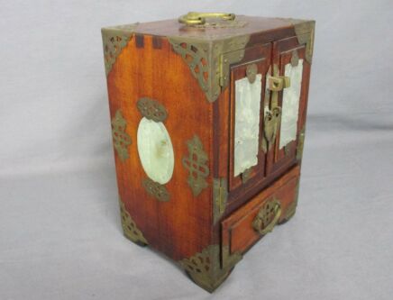 Vintage  Asian Chinese Oriental Wooden Faux Jade Brass Handled Jewelry Trinket Box