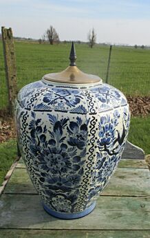Large Delft Blue Porcelain Lidded Vase Urn Marked Blue White Floral Design