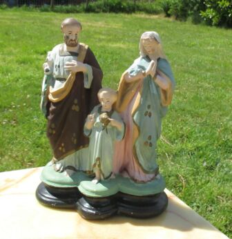 Flemish Antique Religious Statue Virgin Mary St Joseph & Jesus Chalkware Plaster