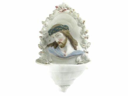 Holy Water Font Vessel  Jesus Christ Head of thorns Bisque HTF Beautiful