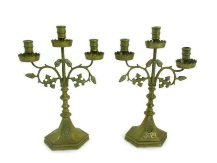 Couple Candle Holders Brass Leafs Ornate Religious Church Candelabra 3 arm