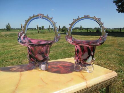 Lovely Pair Bohemian Glass Ruby red Cranberry Bridal Baskets