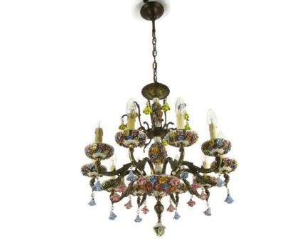 Italian Chandelier 10 arm sLights Ornate Brass Porcelain Flowers Exquisite WOW