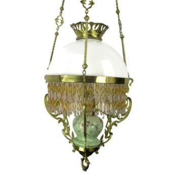 French Chandelier Oil Lamp Macaroni beaded Prisms Pendant Shade Revival Style