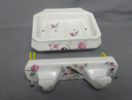 Limosanit Chapus Frères Small towel Rack Soap Dish Bathroom French Limoges Marked Dish  sweet floral Bird design