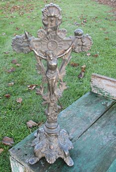 Antique Brass Table Standing Crucifix Cross Ornate Memento Mori 15.16"