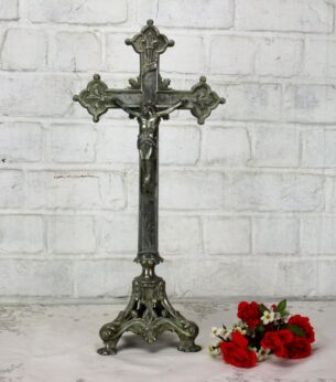 Large Antique Vintage French Standing Table Crucifix Cross Fleur de Lis Spelter