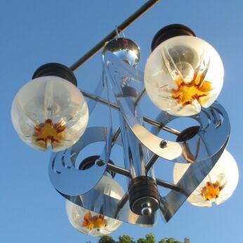60s Mid Century Modern Glass Art Chandelier Mazzega 4 Light Balls Amber white