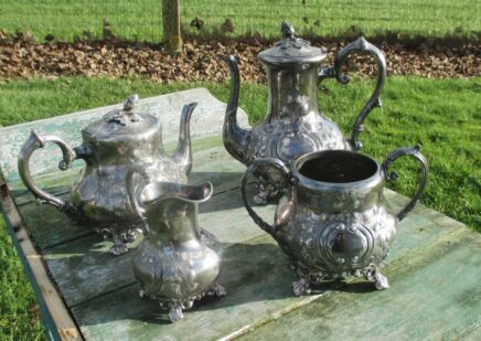 Gorgeous Antique Hand hammered Silverware Tea Set Ornate Flowers England 4 Piece